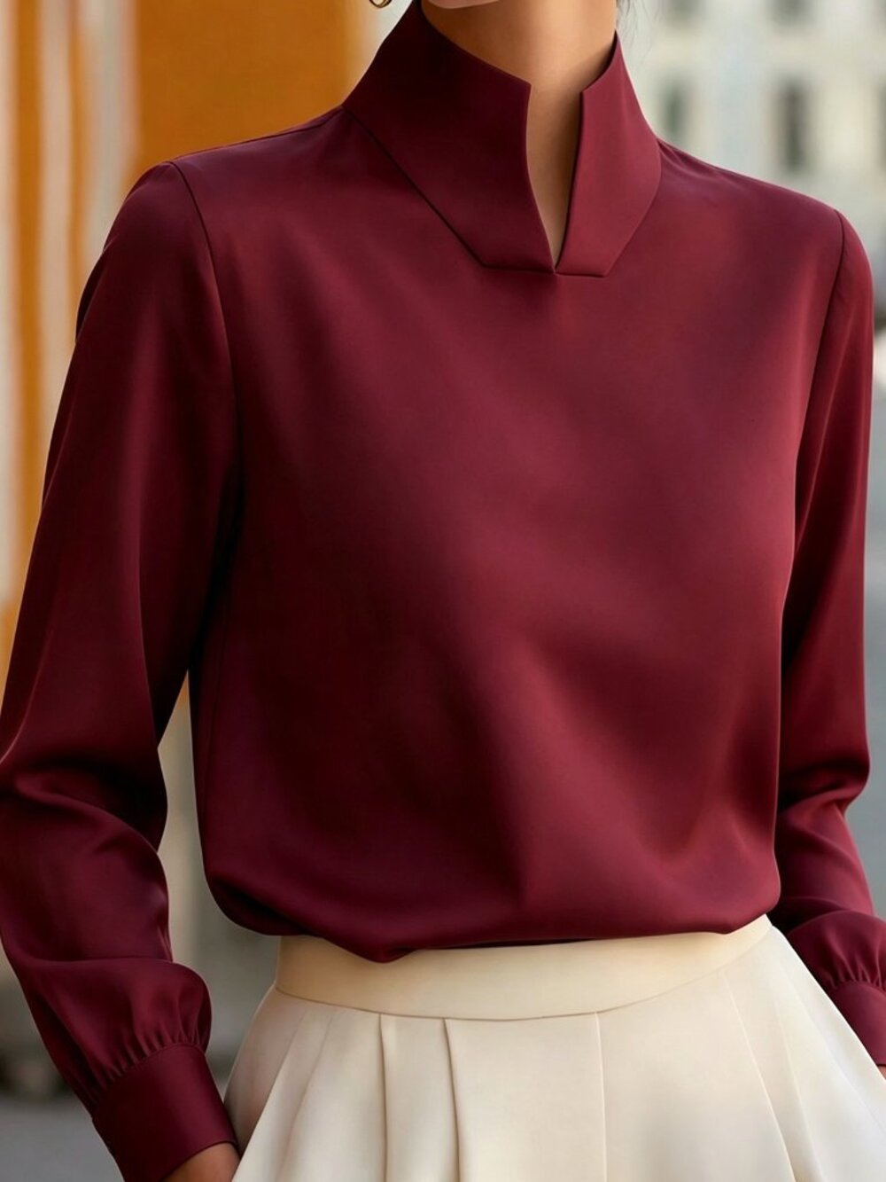 Burgundy Elegant Women's Stand Collar Cuffed Long Sleeve Top